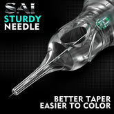 Close-up of Sai PMU needle, highlighting its sturdy design, better taper, and ease of coloring for permanent makeup